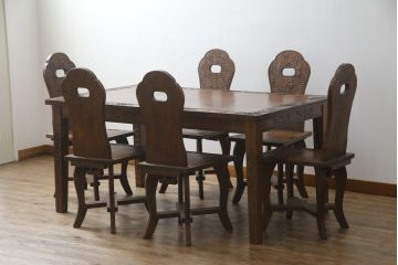 中古　美品　軽井沢彫り　牡丹　葡萄(ブドウ)　贅沢な総彫り仕上げのダイニングチェア4脚セット(板座チェア、アームレスチェア、椅子、イス)(R-078964)