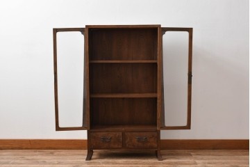 和製ビンテージ　指物工芸家具　李朝デザイン　前面桑(クワ)材　天板・側面キハダ材　可愛らしい装飾が遊び心をくすぐる小振りな収納棚　(R-078975)