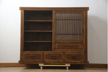 中古　高級品!!　ナラ材　上質な和の空間を演出するアンティーク調二段重ね水屋箪笥(食器棚、キャビネット、茶箪笥、収納棚、戸棚)(R-078976)