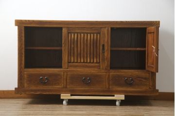 中古　高級品!!　ナラ材　上質な和の空間を演出するアンティーク調二段重ね水屋箪笥(食器棚、キャビネット、茶箪笥、収納棚、戸棚)(R-078976)