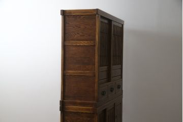 中古　高級品!!　ナラ材　上質な和の空間を演出するアンティーク調二段重ね水屋箪笥(食器棚、キャビネット、茶箪笥、収納棚、戸棚)(R-078976)