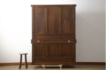 中古　高級品!!　ナラ材　上質な和の空間を演出するアンティーク調二段重ね水屋箪笥(食器棚、キャビネット、茶箪笥、収納棚、戸棚)(R-078976)