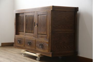 中古　高級品!!　ナラ材　上質な和の空間を演出するアンティーク調水屋箪笥サイドボード(食器棚、サイドキャビネット、茶箪笥、収納棚、戸棚)(R-078978)