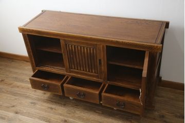 中古　高級品!!　ナラ材　上質な和の空間を演出するアンティーク調水屋箪笥サイドボード(食器棚、サイドキャビネット、茶箪笥、収納棚、戸棚)(R-078978)