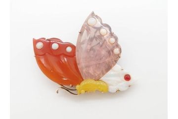 アンティーク　作家物　K10(10金)　瑪瑙(メノウ)　オパール　紅水晶(ローズクォーツ)　蝶　春の小　様々な宝石を使用した高級感ある帯留(ブローチ、帯留め、着物道具、和装小物、アクセサリー)(R-078988)　　