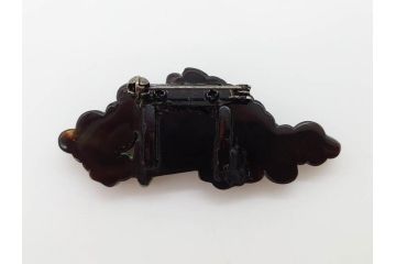 アンティーク　梅に扇　鼈甲(ベッコウ)　螺鈿　繊細な吉祥文様が魅力の帯留(帯留め、着物道具、和装小物、ブローチ、アクセサリー、扇子、べっ甲、ケース付き)(R-078992)