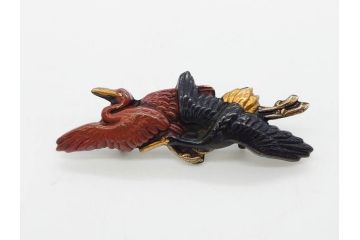アンティーク　彫金　緻密に彫られた和のデザインが見事な帯留4点セット(在銘作家物、弘光、菊、花、撫子、なでしこ、鶴、ツル、鳥、兜、ブローチ、着物道具、和装小物、アクセサリー)(R-078996)