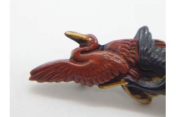 アンティーク　彫金　緻密に彫られた和のデザインが見事な帯留4点セット(在銘作家物、弘光、菊、花、撫子、なでしこ、鶴、ツル、鳥、兜、ブローチ、着物道具、和装小物、アクセサリー)(R-078996)