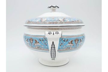 イギリス　WEDGWOOD(ウェッジウッド)　FLORENTINE TURQUOISE(フロレンティーン ターコイズ)　クラシックなデザインの気品あふれるチュリーン(グロテスク文様、フルーツ、果物、チューリン、スープボウル、ふかひれ皿、ポット、蓋付き、洋食器、英国)(R-079013)