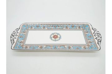 イギリス　WEDGWOOD(ウェッジウッド)　FLORENTINE TURQUOISE(フロレンティーン ターコイズ)　重厚感のあるデザインが魅力のオーバルプレート・サンドイッチトレー2枚セット(グロテスク文様、フルーツ、果物、お盆、トレイ、皿、スクエアプレート、洋食器、英国)(R-079014)