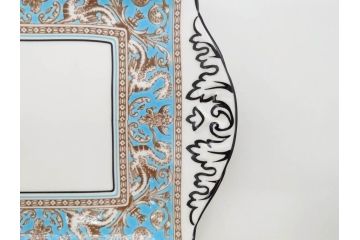 イギリス　WEDGWOOD(ウェッジウッド)　FLORENTINE TURQUOISE(フロレンティーン ターコイズ)　重厚感のあるデザインが魅力のオーバルプレート・サンドイッチトレー2枚セット(グロテスク文様、フルーツ、果物、お盆、トレイ、皿、スクエアプレート、洋食器、英国)(R-079014)