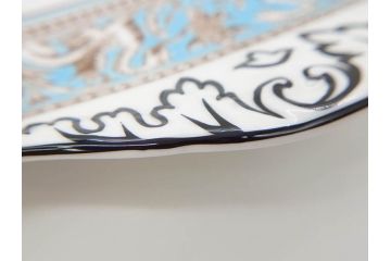 イギリス　WEDGWOOD(ウェッジウッド)　FLORENTINE TURQUOISE(フロレンティーン ターコイズ)　重厚感のあるデザインが魅力のオーバルプレート・サンドイッチトレー2枚セット(グロテスク文様、フルーツ、果物、お盆、トレイ、皿、スクエアプレート、洋食器、英国)(R-079014)