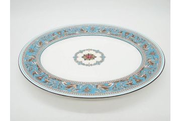 イギリス　WEDGWOOD(ウェッジウッド)　FLORENTINE TURQUOISE(フロレンティーン ターコイズ)　重厚感のあるデザインが魅力のオーバルプレート・サンドイッチトレー2枚セット(グロテスク文様、フルーツ、果物、お盆、トレイ、皿、スクエアプレート、洋食器、英国)(R-079014)