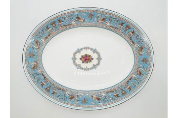 イギリス　WEDGWOOD(ウェッジウッド)　FLORENTINE TURQUOISE(フロレンティーン ターコイズ)　重厚感のあるデザインが魅力のオーバルプレート・サンドイッチトレー2枚セット(グロテスク文様、フルーツ、果物、お盆、トレイ、皿、スクエアプレート、洋食器、英国)(R-079014)