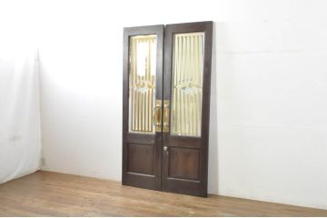 アンティーク建具　総ナラ材　レトロな雰囲気漂う両開きドア1対2セット(ガラス扉、玄関扉)(R-079020)