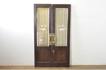アンティーク建具　総ナラ材　レトロな雰囲気漂う両開きドア1対2セット(ガラス扉、玄関扉)(R-079020)