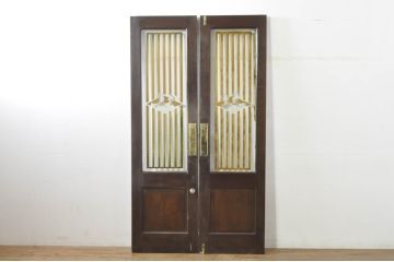 アンティーク建具　総ナラ材　レトロな雰囲気漂う両開きドア1対2セット(ガラス扉、玄関扉)(R-079020)