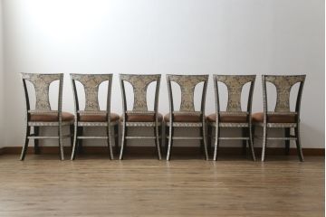 中古　アジア民芸家具　優雅で繊細な螺鈿(ラデン)細工が美しいダイニングチェア6脚セット(アームレスチェア、椅子、イス)(定価6脚で推定約140万円)(R-079021)