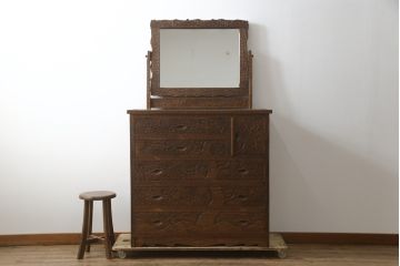 中古　美品　軽井沢彫り　満開の桜の彫刻をあしらった優美なドレッシングチェスト(ドレッサー、鏡台、引き出し、化粧台、サイドチェスト)(R-079024)