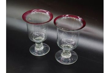 大正〜昭和初期　当時物　レトロな空間を演出できる赤縁氷コップ2客セット(グラス、吹きガラス、和ガラス、硝子)(R-079057)
