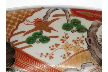 明治期　成化年製　伊万里　色絵　約31cm　1尺　色彩が鮮やかで豪華な深鉢(松、梅、鶴、ツル、菊、花、深皿、金彩、和食器、和皿、一尺)(R-079065)