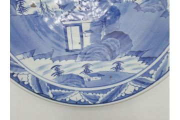 江戸期　古伊万里　山水図　約47cm　1尺5寸　柔らかな青色の濃淡が魅力的な大皿(染付、楼閣図、和皿、和食器、一尺五寸)(R-079066)