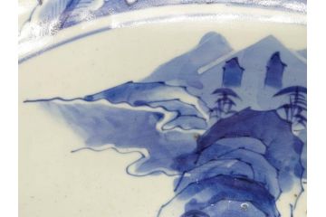 江戸期　古伊万里　山水図　約47cm　1尺5寸　柔らかな青色の濃淡が魅力的な大皿(染付、楼閣図、和皿、和食器、一尺五寸)(R-079066)
