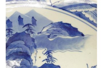 江戸期　古伊万里　山水図　約47cm　1尺5寸　柔らかな青色の濃淡が魅力的な大皿(染付、楼閣図、和皿、和食器、一尺五寸)(R-079066)