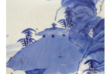 江戸期　古伊万里　山水図　約47cm　1尺5寸　柔らかな青色の濃淡が魅力的な大皿(染付、楼閣図、和皿、和食器、一尺五寸)(R-079066)