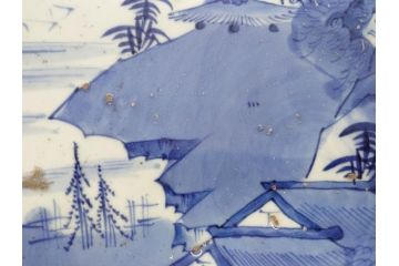 江戸期　古伊万里　山水図　約47cm　1尺5寸　柔らかな青色の濃淡が魅力的な大皿(染付、楼閣図、和皿、和食器、一尺五寸)(R-079066)