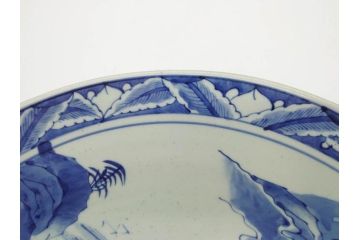 江戸期　古伊万里　山水図　約47cm　1尺5寸　柔らかな青色の濃淡が魅力的な大皿(染付、楼閣図、和皿、和食器、一尺五寸)(R-079066)