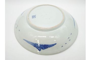 江戸期　古伊万里　山水図　約47cm　1尺5寸　柔らかな青色の濃淡が魅力的な大皿(染付、楼閣図、和皿、和食器、一尺五寸)(R-079066)