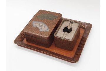網代(あじろ)編み　彫金　扇面　和の空間を演出する煙草盆セット(朝顔、花、稲穂、トンボ、蜻蛉、植物、タバコ盆、たばこ盆、小物入れ、小箱、鳥取市水道改修記念)(R-079067)