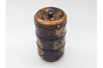 江戸〜明治期　艶やかな漆に金蒔絵が映えた美しい重香合(三段丸重、重箱、香道具、茶道具、木製、漆器、お重、草花)(R-079068)