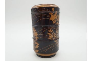 江戸〜明治期　艶やかな漆に金蒔絵が映えた美しい重香合(三段丸重、重箱、香道具、茶道具、木製、漆器、お重、草花)(R-079068)