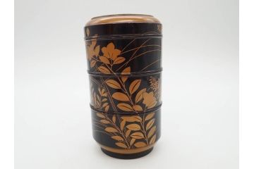 江戸〜明治期　艶やかな漆に金蒔絵が映えた美しい重香合(三段丸重、重箱、香道具、茶道具、木製、漆器、お重、草花)(R-079068)