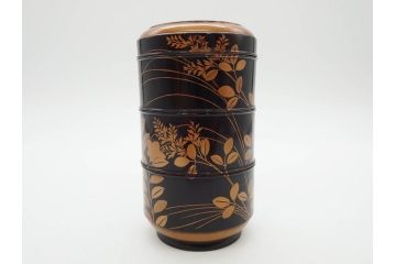 江戸〜明治期　艶やかな漆に金蒔絵が映えた美しい重香合(三段丸重、重箱、香道具、茶道具、木製、漆器、お重、草花)(R-079068)