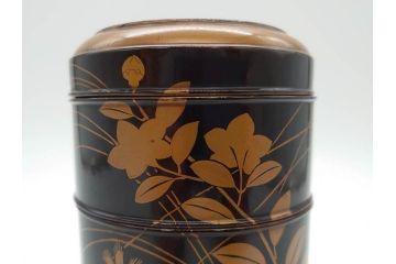 江戸〜明治期　艶やかな漆に金蒔絵が映えた美しい重香合(三段丸重、重箱、香道具、茶道具、木製、漆器、お重、草花)(R-079068)