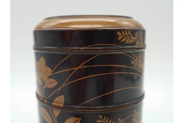 江戸〜明治期　艶やかな漆に金蒔絵が映えた美しい重香合(三段丸重、重箱、香道具、茶道具、木製、漆器、お重、草花)(R-079068)
