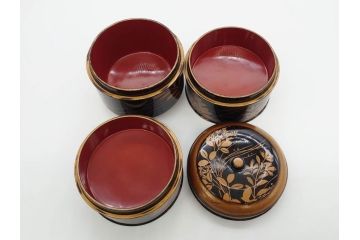 江戸〜明治期　艶やかな漆に金蒔絵が映えた美しい重香合(三段丸重、重箱、香道具、茶道具、木製、漆器、お重、草花)(R-079068)