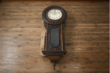 和製アンティーク　特大!!　彫刻入り　「ひまわり型」　レトロな雰囲気あふれる大きな掛け時計(振り子時計、柱時計、古時計)(R-079090)