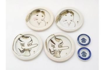 時代物　陶器　おかめ　天狗　寿　染付　様々な組み合わせが楽しめる引手6点セット(引き手、耕山、取っ手、ハンドル、把手)(R-079113)