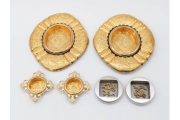 時代物　彫金　金工　緻密な毛彫りが美しい引手6点セット(引き手、鶴、ツル、鳥、花、植物、金具、ハンドル、取っ手、把手、藤原)(R-079114)