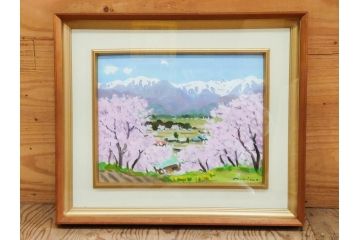 真作　野溝嘉彦　「風越山と桜」　F6(6号)　絵画(油絵、油彩、風景、桜、山、春、額装、肉筆、サイン入り)(R-079120)