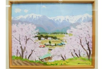 真作　野溝嘉彦　「風越山と桜」　F6(6号)　絵画(油絵、油彩、風景、桜、山、春、額装、肉筆、サイン入り)(R-079120)