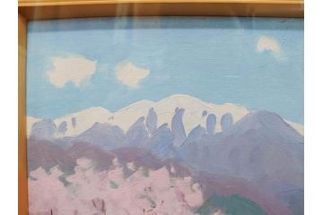 真作　野溝嘉彦　「風越山と桜」　F6(6号)　絵画(油絵、油彩、風景、桜、山、春、額装、肉筆、サイン入り)(R-079120)