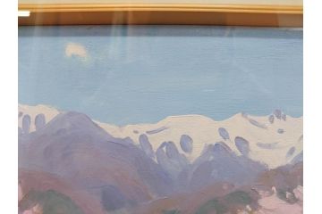 真作　野溝嘉彦　「風越山と桜」　F6(6号)　絵画(油絵、油彩、風景、桜、山、春、額装、肉筆、サイン入り)(R-079120)