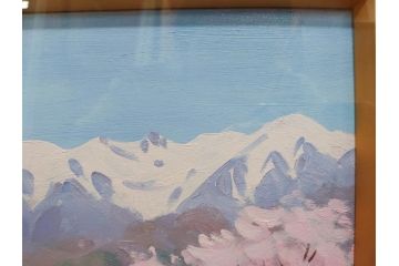 真作　野溝嘉彦　「風越山と桜」　F6(6号)　絵画(油絵、油彩、風景、桜、山、春、額装、肉筆、サイン入り)(R-079120)