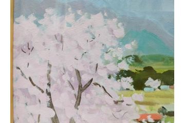 真作　野溝嘉彦　「風越山と桜」　F6(6号)　絵画(油絵、油彩、風景、桜、山、春、額装、肉筆、サイン入り)(R-079120)