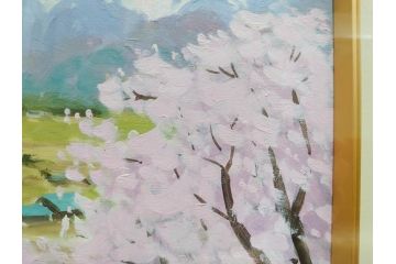 真作　野溝嘉彦　「風越山と桜」　F6(6号)　絵画(油絵、油彩、風景、桜、山、春、額装、肉筆、サイン入り)(R-079120)